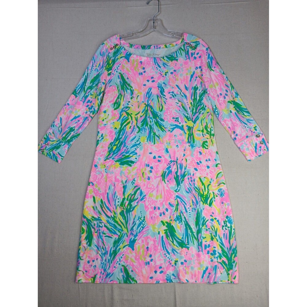 Lilly Pulitzer Sophie Dress Medium Pink Green Tropical Print 3/4 Sleeves EUC
